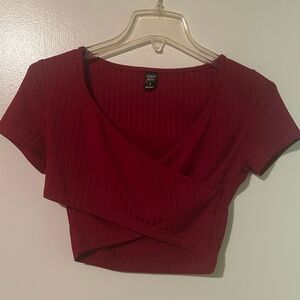 Forever 21 Red Ribbed Wrap Crop Blouse